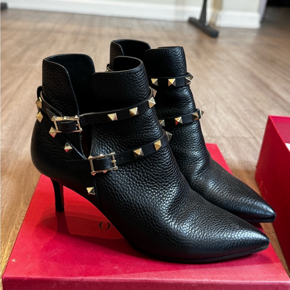 Valentino Garavani Black Ankle Boots with Gold Studs